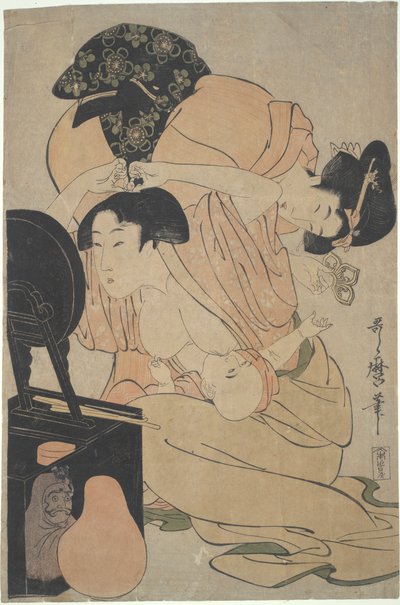 Äiti imettävän vauvan ja hoitajan kanssa tekijältä Kitagawa Utamaro