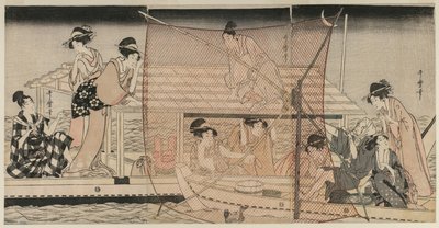 Verkkokalastus yöllä Sumidajoella, n. 1800. tekijältä Kitagawa Utamaro