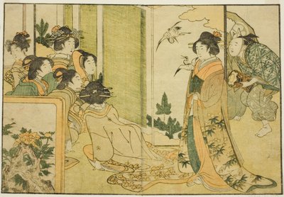 Uudenvuoden manzai-esitys feodaalisen lordin kartanossa, kuvitettu kirja "Picture Book: Flowers of the Four Seasons (Ehon shiki no hana)", osa 1. tekijältä Kitagawa Utamaro