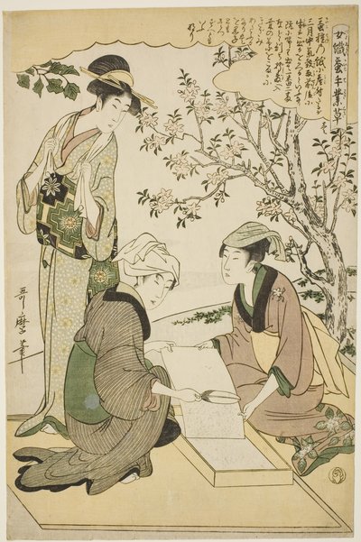 Nro 1 (ichi), sarjasta "Naiset, jotka harjoittavat kasvatusteollisuutta (Joshoku kaiko tewaza-gusa)" tekijältä Kitagawa Utamaro