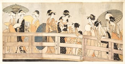Ryogoku-sillan päällä ja alla, n. 1800 tekijältä Kitagawa Utamaro