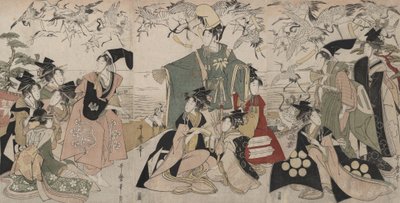 Parodia Yoritomosta vapauttamassa kurkia (Mitate Yoritomo hōkaku) tekijältä Kitagawa Utamaro