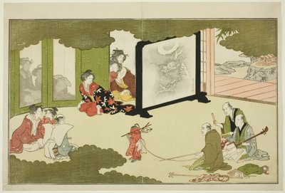 Koulutetun apinan esitys kuvitetusta runokokoelmasta nimeltä "The Young God Ebisu (Waka Ebisu)" tekijältä Kitagawa Utamaro