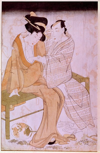 Esitys japanilaisesta pariskunnasta, joka silitti toisiaan penkillä. Utamaro Kitagawan (1753-1806) vedoksia. Himmeä. 0,38x0,245 m. Pariisi, Muse Guimet, Aasian taiteiden kansallinen museo tekijältä Kitagawa Utamaro