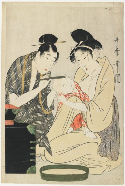 Pojan pään ajelu, Edo-kausi, noin 1801 (värillinen puupiirros). tekijältä Kitagawa Utamaro