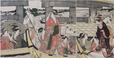 Sur et sous le pont de Ryogoku (Tokio) - Ryogoku-sillan päällä ja alla Utamarossa, Kitagawa (1753-1806), n. 1796 - Värillinen puupiirros, 38,2x74,6 - Yksityiskokoelma tekijältä Kitagawa Utamaro