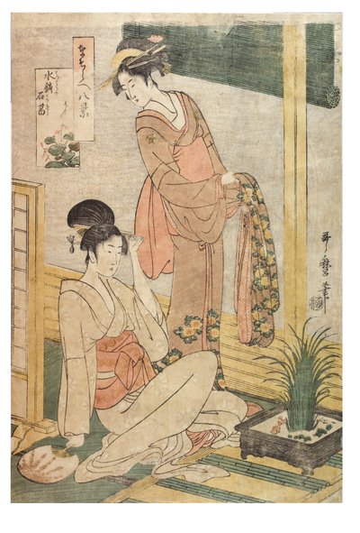 Makea lippu ja kiviä vesialtaassa sarjasta Imitations of the Eight Views, n. 1797-1798 (puupainatus paperille) tekijältä Kitagawa Utamaro