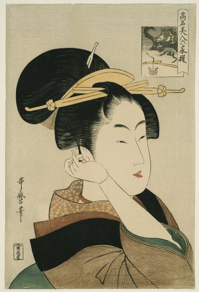 Tatsumi Roko, sarjasta "Kuuteen kuolemattomaan runoilijaan verratut kaunottaret" ("Komei bijin rokkasen") tekijältä Kitagawa Utamaro