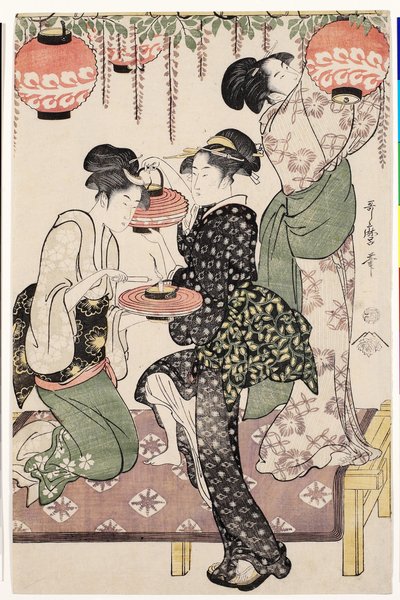 Teehuonetytöt wistaria espalierin alla, 1795 tekijältä Kitagawa Utamaro