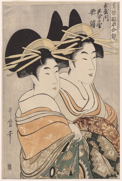 Tamayan kurtisaanit Kasugano ja Utahama sarjasta Courtesans of the Pleasure Quarters in Double Mirrors tekijältä Kitagawa Utamaro