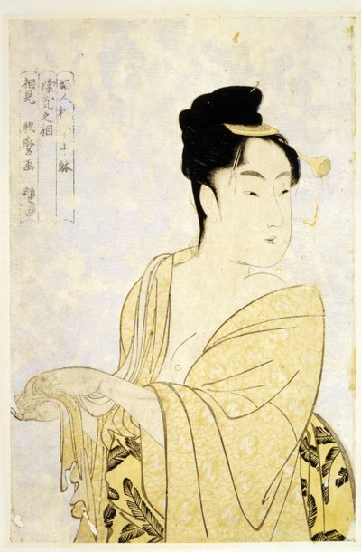Fancy-Free Type, sarjasta Ten Types in the Physiognomic Study of Women par Utamaro, Kitagawa (1753-1806), c. 1793 - Värillinen puupiirros, 34,2x22,6 - Yksityiskokoelma tekijältä Kitagawa Utamaro