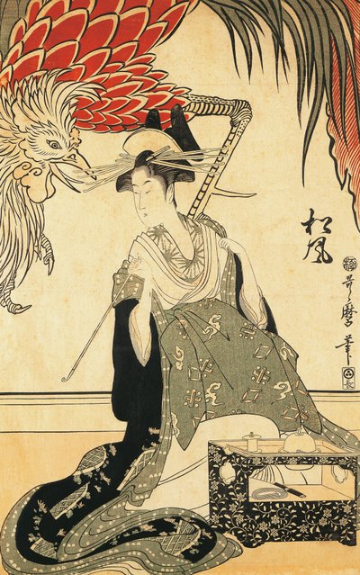 Kitagawa Utamaron puupiirros Oiran Matsuzake piipulla tekijältä Kitagawa Utamaro
