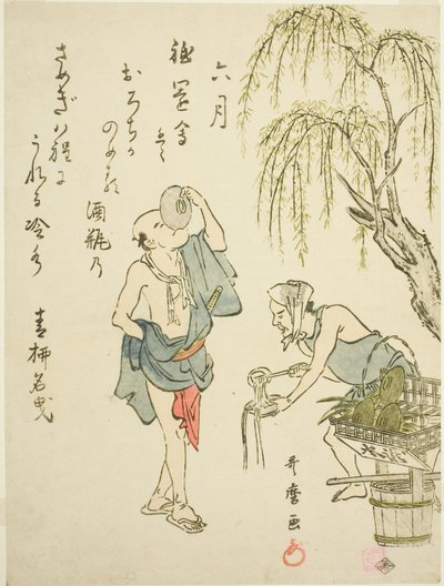 Kuudes kuukausi (Rokugatsu), nimettömästä genrekohtausten sarjasta kahdentoista kuukauden aikana, kyoka-runoilla tekijältä Kitagawa Utamaro