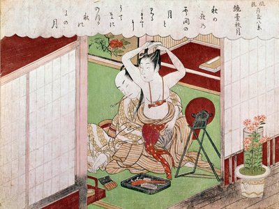Utamaro Kitagawan (1753-1806) elegantin japanilaisen printin wc. Aurinko. 0,38x0,25 m. 1794-1795. Pariisi, Guimetin museo, Aasian taiteen kansallinen museo tekijältä Kitagawa Utamaro