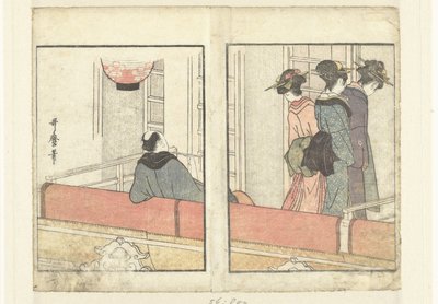 Teatterimaja Katsaus näyttelijöiden kulissien taakse (sarjan nimi) Yakusha gakuya tsu (sarjan nimi) tekijältä Kitagawa Utamaro