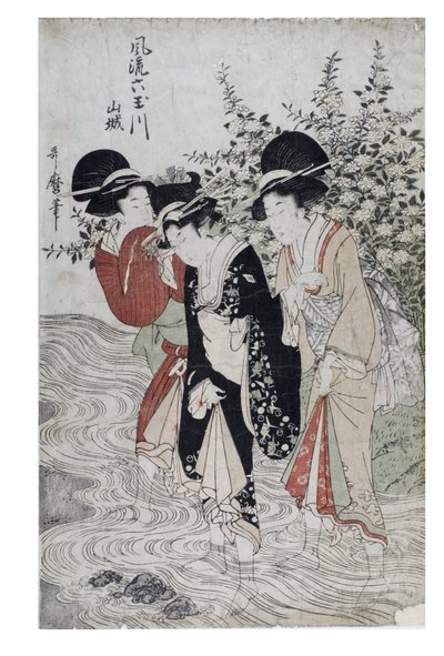 Kolme bijiniä joessa, Edo-kausi, n. 1790-1804 (puupiirros paperille). tekijältä Kitagawa Utamaro