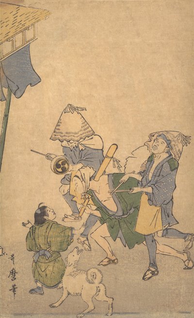 Kolme alempien luokkien juhlijaa, yllään Komuso-hatut..., 1700-luvun loppu - 1800-luvun alku. tekijältä Kitagawa Utamaro