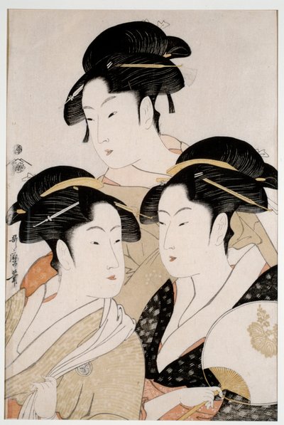 Kolme aikamme kaunista. Utamaro Kitagawan (1753 - 1806) japanilainen printti Ukiyo-E, noin 1794. Paris, Musee Guimet tekijältä Kitagawa Utamaro