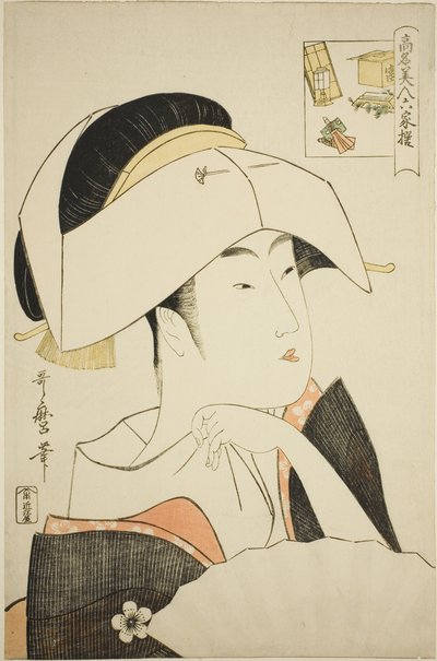 Tomimoto Toyohina, sarjasta Tunnetut kaunokaiset verrataan kuuteen kuolemattomaan runoilijaan (Komei bijin rokkasen) (Tomimoto Toyohina) (kuva-arvoitus) tekijältä Kitagawa Utamaro