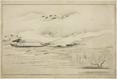 Proomun hinaus lumessa, albumilta The Silver World tekijältä Kitagawa Utamaro