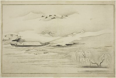 Proomun hinaus lumessa, albumilta The Silver World, 1790 tekijältä Kitagawa Utamaro