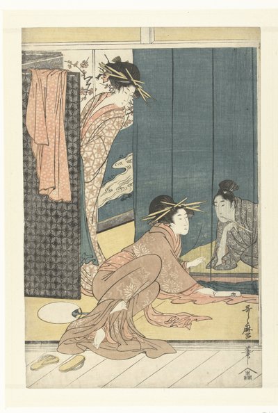 Kaksi kurtisaania ja nuori mies hyttysverkon alla tekijältä Kitagawa Utamaro