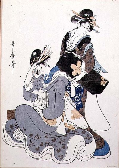 Kaksi naisfiguuria (värillinen puupainatus tekijältä Kitagawa Utamaro