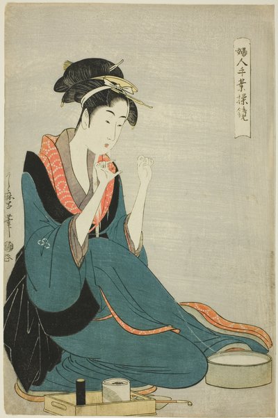 Sidontalanka, sarjasta "Naisten käsityöt: kätevyyden mallit" ("Fujin tewaza ayatsuri kagami") tekijältä Kitagawa Utamaro