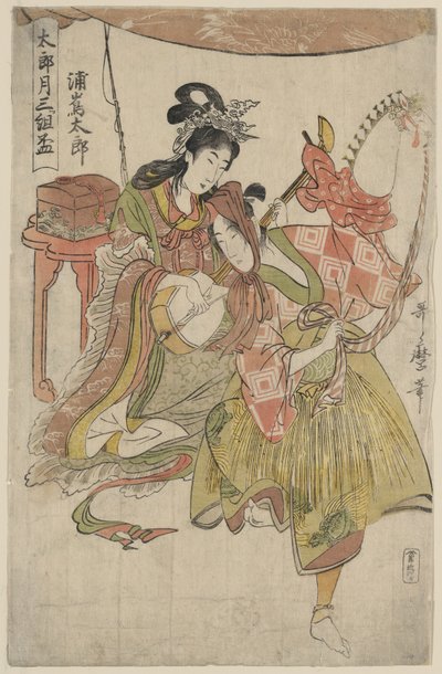 Urashimataro triptyykistä "Kolmen sake-kupin sarja ensimmäistä kuukautta varten" 1800-01 (värillinen puupiirros). tekijältä Kitagawa Utamaro