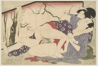 Pariskunta rakastelemassa taittuvan näytön vieressä Negai no itoguchi (sarjan nimi) tekijältä Kitagawa Utamaro