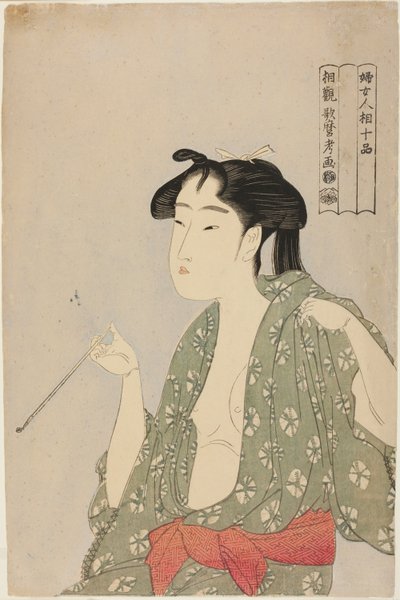 Nainen uloshengittää savua piipusta sarjasta "Ten Classes of Women’s Physiognomy (Fujo ninso juppon)" tekijältä Kitagawa Utamaro