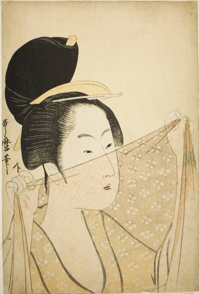 Nainen pitelee kangaspalaa (Nuno o kazasu onna) tekijältä Kitagawa Utamaro