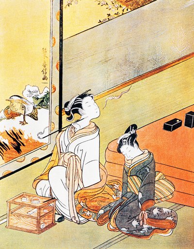 Nainen piippua, ukiyo-e taideprintti, Tosa-koulu, puupiirros, japanilainen sivilisaatio, Edo-kausi tekijältä Kitagawa Utamaro
