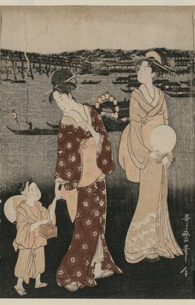 Naiset nauttivat iltaviileistä Ryogoku-sillan lähellä tekijältä Kitagawa Utamaro
