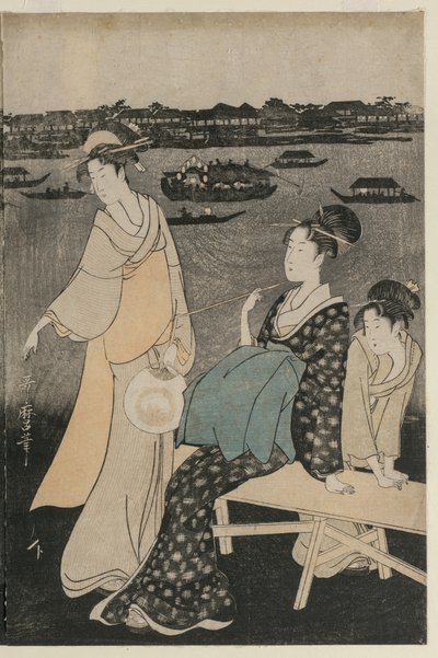 Naiset nauttivat iltaviileästä Ryogokun sillan lähellä tekijältä Kitagawa Utamaro