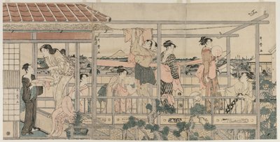Naiset ripustavat pyykkiä parvekkeelle kuivattavaksi, 1790-luvun alku. tekijältä Kitagawa Utamaro