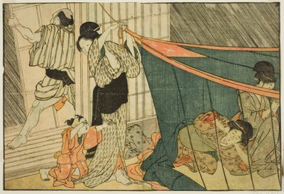 Naiset hyttysverkon sisällä ukkosmyrskyn aikana kuvitetusta kirjasta "Picture Book: Flowers of the Four Seasons (Ehon shiki no hana)," voi. 1 tekijältä Kitagawa Utamaro