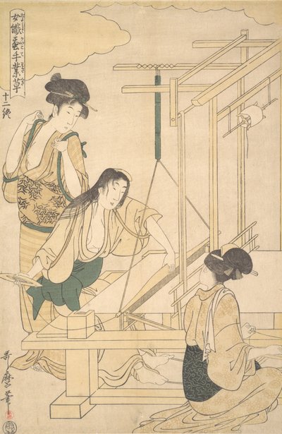 Naiset kutovat silkkikangasta, n. 1800. tekijältä Kitagawa Utamaro