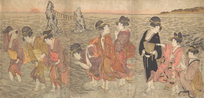 Naiset palvovat nousevaa aurinkoa Twin Rocksin välissä Isessa, 1700-luvun loppu - 1800-luvun alku. tekijältä Kitagawa Utamaro