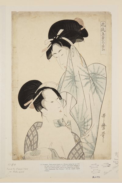 Naiset kylvyn jälkeen (värillinen puupainatus) tekijältä Kitagawa Utamaro