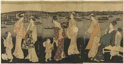 Naiset katsomassa ilotulitteita Sumida-joella tekijältä Kitagawa Utamaro