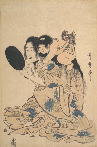 Yamauba mustaa hampaitaan ja Kintoki, n. 1795. tekijältä Kitagawa Utamaro