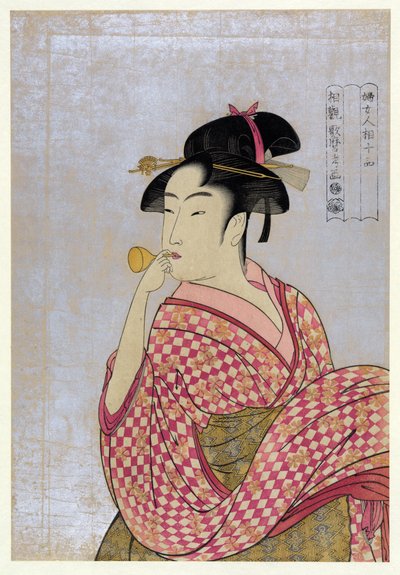 Nuori nainen puhaltaa lasipiippua (poppiin), sarjasta Ten Types in the Physiognomic Study of Women par Utamaro, Kitagawa (1753-1806), n. 1792 - Värillinen puupiirros, 38,9x27,5 - Yksityiskokoelma tekijältä Kitagawa Utamaro