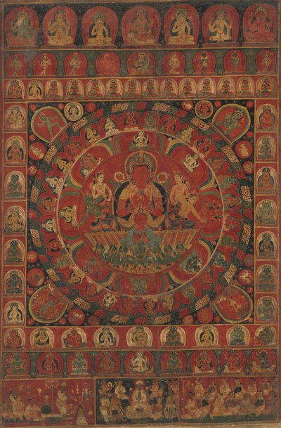 Aurinkojumala Surya Mandala kahdeksan planeettajumaluuden ympäröimänä, päivätty, todennäköisesti vuodelta 1379. tekijältä Kitaharasa