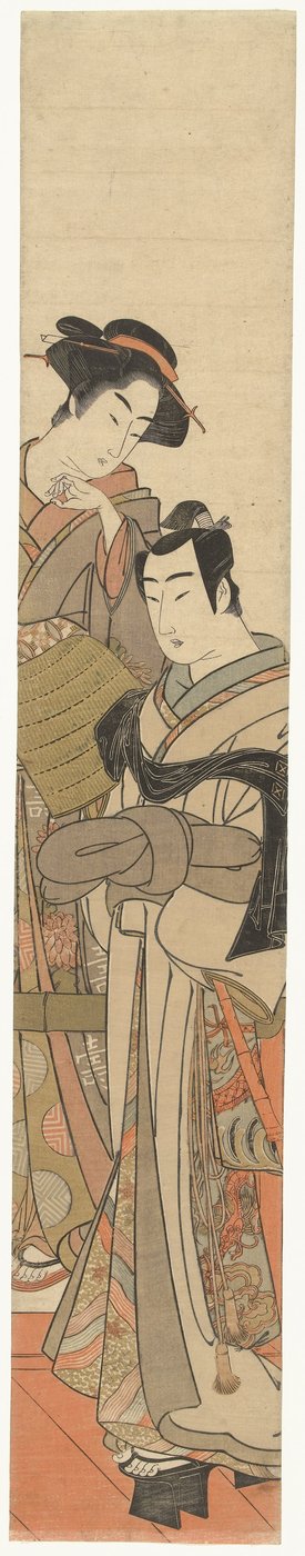 Nainen naamioituneen nuoren miehen kanssa Jonge mies tapasi rieten hoed en damen tekijältä Kitao Masanobu (attributed to)