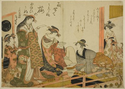 Kurtisaanit Utagawa ja Nanasato Yotsumeyasta, albumilta "Comparing New Beauties of the Yoshiwara - A Mirror of Their Own Writings (Keisei shin bijin awase jikihitsu kagami)" tekijältä Kitao Masanobu