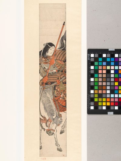 Naispuolinen soturi Tomoe Gozen haarniskassa ja miekka hevosen selässä tekijältä Kitao Shigemasa (attributed to)