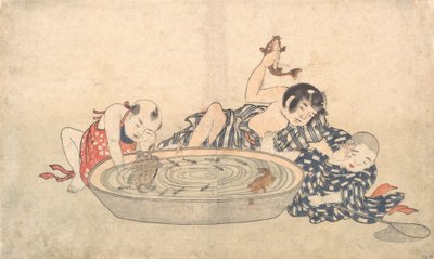 Pojat leikkivät kalojen ja kilpikonnien altaalla, 1800-luvun alku. tekijältä Kitao Shigemasa