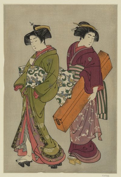 Kitao Shigemasa (1777) Geisha ja palvelija kantamassa shamisen-rasiaa. tekijältä Kitao Shigemasa