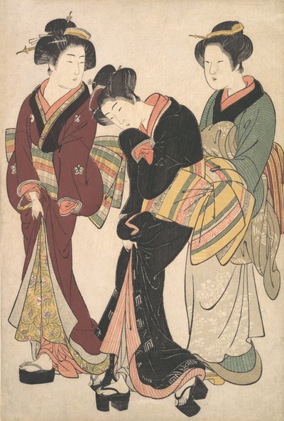 Kaksi geishaa ja piika, n. 1790. tekijältä Kitao Shigemasa